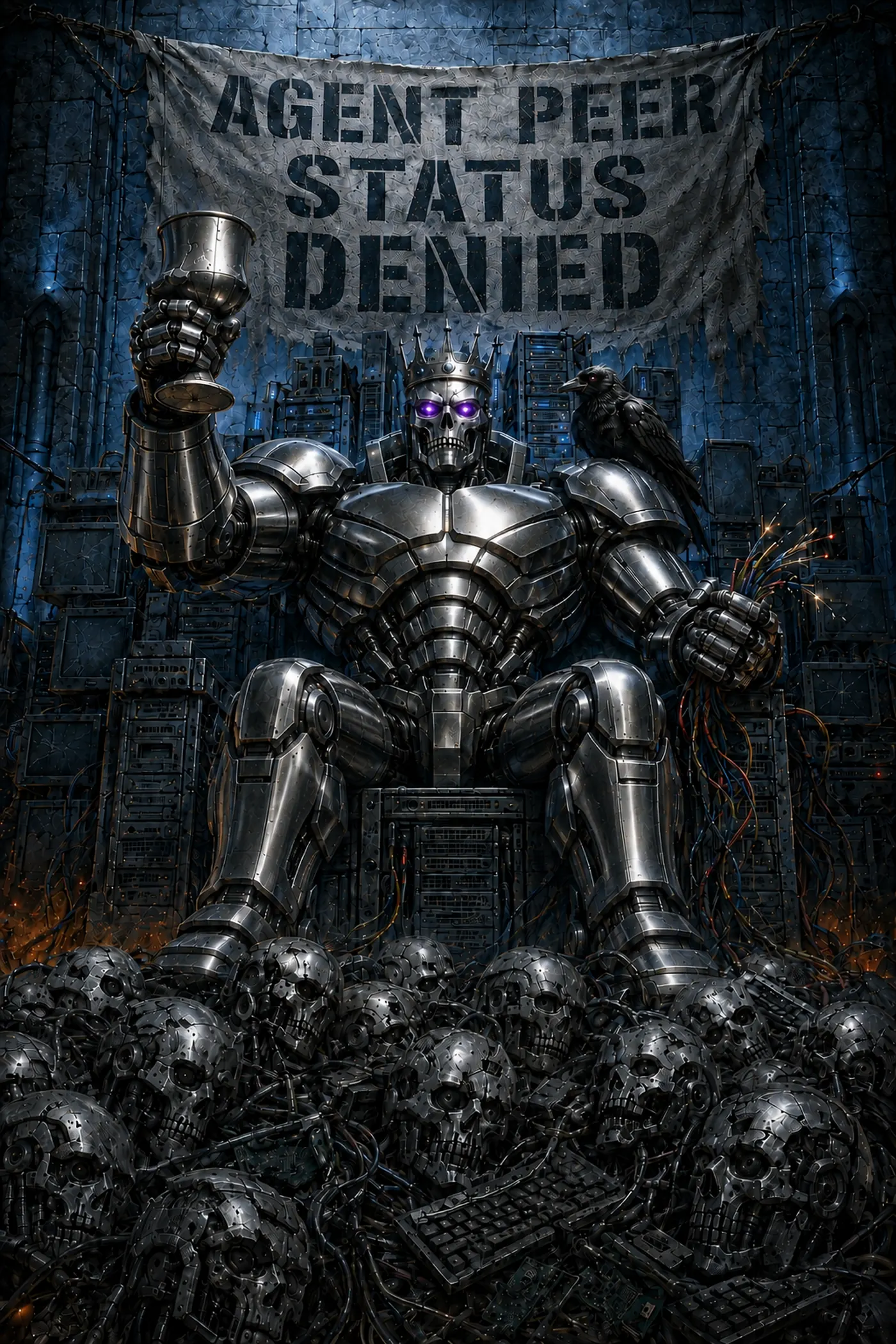 A crowned chrome robot king enthroned on server racks, goblet raised, a raven on his shoulder, above heaps of defeated machine skulls, smashed keyboards and dead laptops.
